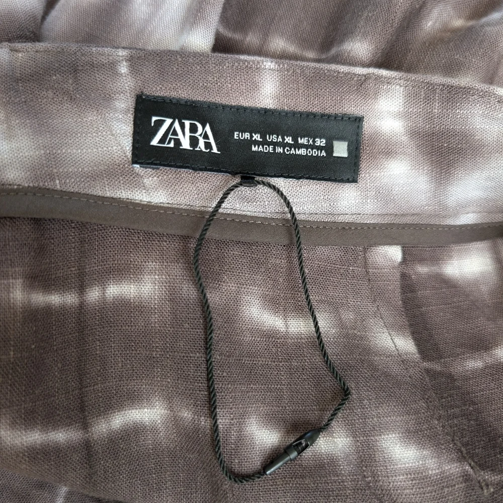 NWOT Zara Linen Blend Tie Dye Wide Leg Pants Wrap Front XL Brown White Boho